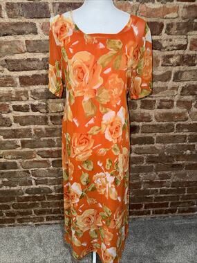 Vintage 90s Kloz Lyne India Boho Dress Orange Floral Sheer Slip Hawaiian Sz M